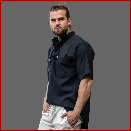 Mittelalterhemd mit kurzen Ärmeln - 6 Größen - schwarz | Sommer Hemd