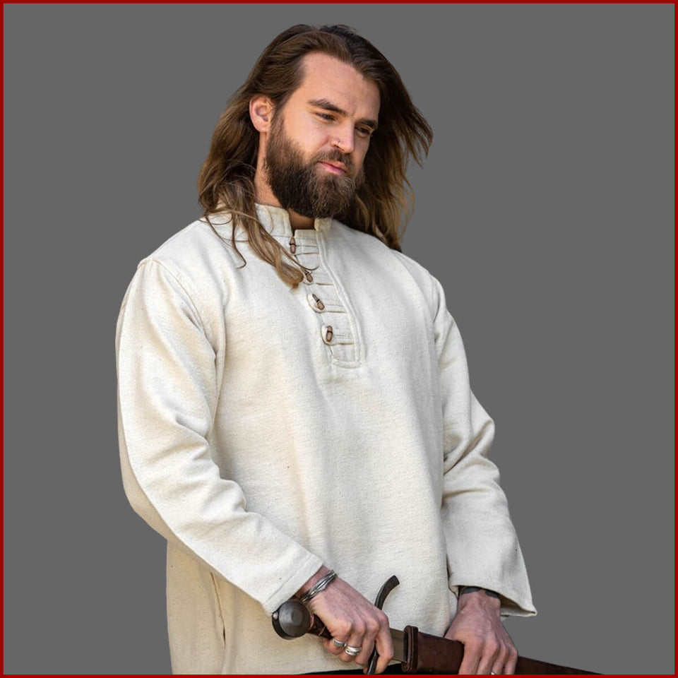 Mittelalter Hemd mit Hölzknöpfe in Natur aus reiner Baumwolle